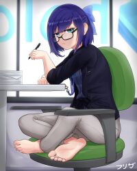 Rule 34 | 1girl, a-chan (hololive), barefoot, black-framed eyewear, black shirt, blue bow, blue eyes, blue hair, bow, denim, efreezerarts, feet, foot focus, glasses, hair bow, highres, hololive, jeans, lanyard, long sleeves, looking at viewer, office lady, opaque glasses, pants, shirt, short hair, soles, solo, swept bangs, toenails, toes, virtual youtuber