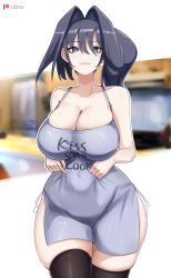 Rule 34 | 1girl, apron, bare shoulders, black hair, blue eyes, blush, breasts, cleavage, curvy, hair intakes, highres, hololive, hololive english, large breasts, long hair, looking at viewer, naked apron, o22no, ouro kronii, side ponytail, smile, solo, thick thighs, thighs, virtual youtuber, wide hips