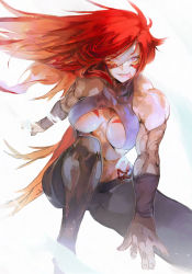 Rule 34 | 1girl, abs, aekutie, bare arms, bare shoulders, biceps, body markings, breast tattoo, breasts, detached sleeves, facial tattoo, feet out of frame, fuuma kotarou (tenkaichi), gradient hair, highres, looking at viewer, multicolored hair, muscular, muscular female, orange hair, pants, red eyes, red hair, revealing clothes, rope belt, simple background, smile, solo, tattoo, teeth, tenkaichi nihon saikyou bugeisha ketteisen, tongue, tongue out, underboob, wristband