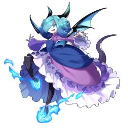 Rule 34 | bat wings, black legwear, cygames, dragalia lost, dress, fang, fire, flower, full body, hair over eyes, hair over one eye, hairstyle request, horns, leg up, nintendo, non-web source, official art, one eye covered, purple dress, rose, saitou naoki, silke (dragalia lost), solo, standing, standing on one leg, tail, transparent background, wide sleeves, wings