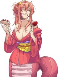 Rule 34 | 1girl, bare shoulders, breasts, carrot-kun, closed eyes, closed mouth, commentary, eating, english commentary, food, hair ornament, hairclip, holding, holding food, japanese clothes, kimono, lamia, large breasts, long hair, miia (monster musume), monster girl, monster musume no iru nichijou, obi, pointy ears, ponytail, red hair, red kimono, sash, scales, second-party source, sidelocks, solo, wavy mouth, wide sleeves