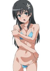 1girl bikini black_hair blue_bikini blue_eyes blush breasts commentary cowboy_shot flower gluteal_fold hair_flower hair_ornament hand_on_own_arm hand_on_own_hip head_tilt highres long_hair looking_at_viewer medium_breasts navel open_mouth revision saten_ruiko shou937 simple_background solo stomach string_bikini swimsuit toaru_kagaku_no_railgun toaru_majutsu_no_index white_background