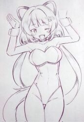 Rule 34 | 1girl, ;d, animal ears, bare shoulders, breasts, choker, cleavage, collarbone, commentary request, corrupted twitter file, fangs, hair ornament, hands up, highres, inui toko, large breasts, leotard, long hair, looking at viewer, low twintails, monochrome, nijisanji, one eye closed, open mouth, playboy bunny, rabbit hair ornament, skin fangs, smile, solo, tail, thigh gap, thighs, traditional media, tsukareta san, twintails, virtual youtuber