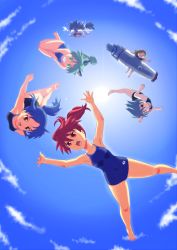 Rule 34 | 5girls, absurdres, barefoot, blue hair, brown hair, competition school swimsuit, falling, feet, green hair, highres, long hair, multiple girls, one-piece swimsuit, original, red eyes, red hair, school swimsuit, short hair, swimsuit, tennouji mamichi, tennouji masamichi