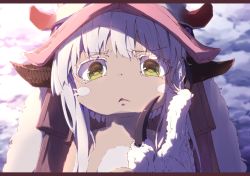 Rule 34 | 1other, absurdres, androgynous, boro (tn-boro), furry, helmet, highres, letterboxed, long hair, looking at viewer, made in abyss, nanachi (made in abyss), parted lips, upper body, whiskers, white hair, yellow eyes