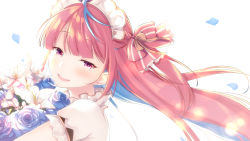 Rule 34 | 1girl, ahoge, alternate costume, alternate hairstyle, aqua hair, backlighting, blush, bouquet, collar, commentary, dress, flower, frilled collar, frills, from side, hair ribbon, highres, hololive, long hair, looking at viewer, maid headdress, minato aqua, multicolored hair, open mouth, petals, pink hair, pink ribbon, portrait, purple eyes, ribbon, simple background, smile, solo, streaked hair, striped ribbon, two-tone hair, virtual youtuber, white background, white dress, wind, yukino (yukinosora1126)