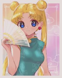 Rule 34 | 1girl, bare shoulders, bishoujo senshi sailor moon, blonde hair, blue eyes, breasts, chinese clothes, dress, earrings, hand fan, highres, jewelry, looking at viewer, sleeveless, tsukino usagi, twintails, yyemoyy