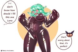 Rule 34 | 1girl, blush, bodysuit, breasts, cameltoe, cleft of venus, colored skin, formal, green hair, green skin, highres, juno (omega strikers), large breasts, latex, latex bodysuit, miyo uwu, monster girl, omega strikers, pink eyes, self-upload, skin tight, slime (substance), slime girl, solo, suit, thick thighs, thighs