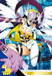 Rule 34 | 1girl, angel wings, angewomon, asymmetrical clothes, belt, blonde hair, breasts, card game, cleavage, covered eyes, curvy, digimon, digimon (creature), digimon adventure, digimon jintrix, female focus, gloves, head wings, helmet, lips, long hair, lowres, multiple wings, official art, ribbon, solo, thigh strap, wings