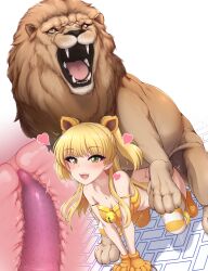Rule 34 | 1girl, akai (riaakai), animal hands, animal penis, ass, bell, bestiality, blonde hair, blush, bottomless, censored, commission, cross-section, deep penetration, gloves, green eyes, highres, idolmaster, idolmaster cinderella girls, jingle bell, jougasaki rika, lion, long hair, mosaic censoring, open mouth, paid reward available, paw gloves, penis, simple background, skeb commission, solo, striped clothes, striped thighhighs, teeth, thighhighs, twintails, upper teeth only, white background, yellow stripes