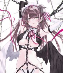 Rule 34 | 1girl, angel wings, armpits, arms up, bare shoulders, black gloves, black shirt, breasts, brown hair, chain, clothing cutout, cowboy shot, crop top, curled horns, demon horns, earrings, elbow gloves, feathered wings, gloves, green eyes, horns, jewelry, large breasts, long hair, looking at viewer, midriff, mole, mole on breast, nanananana, neck ribbon, original, panties, parted lips, restrained, ribbon, shirt, simple background, sleeveless, sleeveless shirt, solo, stomach, string panties, underboob, underboob cutout, underwear, white background, white gloves, wing collar, wings