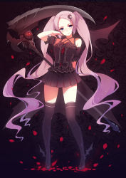 Rule 34 | 1girl, arm behind back, black thighhighs, blue eyes, caidychen, crescent, crescent hair ornament, demon wings, full body, hair ornament, high heels, highres, long hair, looking at viewer, original, pink hair, purple hair, scythe, single wing, skirt, solo, standing, thighhighs, twintails, very long hair, wings