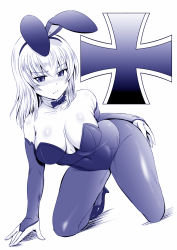 Rule 34 | 10s, 1girl, all fours, animal ears, bare shoulders, blush, bow, bowtie, breasts, bridal gauntlets, cleavage, cross, detached collar, fake animal ears, girls und panzer, highres, iron cross, itsumi erika, kumoi takashi, long hair, looking at viewer, medium breasts, monochrome, pantyhose, playboy bunny, rabbit ears, rabbit tail, short ponytail, solo, tail