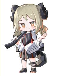 Rule 34 | 1girl, absurdres, arknights, black choker, black dress, black footwear, brown eyes, chibi, choker, dress, eyebrows hidden by hair, fire, full body, grin, gun, highres, holding, holding gun, holding weapon, horns, ifrit (arknights), jacket, light brown hair, looking at viewer, low twintails, pyrokinesis, shoes, simple background, smile, solo, spam (spamham4506), standing, tail, toeless footwear, twintails, weapon, weapon request, white background, white jacket