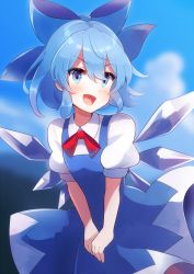 Rule 34 | 1girl, 60mai, :d, blue bow, blue dress, blue eyes, blue hair, blue sky, blurry, blurry background, blush, bow, bowtie, cirno, cloud, commentary, cowboy shot, day, dress, hair between eyes, hair bow, ice, ice wings, looking at viewer, open mouth, outdoors, pinafore dress, puffy short sleeves, puffy sleeves, red bow, red bowtie, shirt, short hair, short sleeves, sky, sleeveless dress, smile, solo, touhou, v arms, white shirt, wings