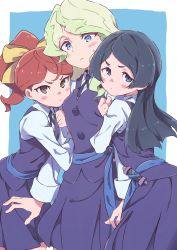 Rule 34 | 3girls, ahoge, arm hug, barbara parker, black hair, blonde hair, blue background, blue eyes, blush stickers, bow, brown hair, diana cavendish, dress, frown, girl sandwich, grey eyes, hair bow, hannah england, highres, little witch academia, long hair, long sleeves, looking at viewer, multiple girls, parted bangs, pinafore dress, pleated skirt, ponytail, purple skirt, purple vest, sandwiched, school uniform, shirt, simple background, skirt, sleeveless dress, standing, sweatdrop, tama (tama-s), v-shaped eyebrows, vest, white shirt