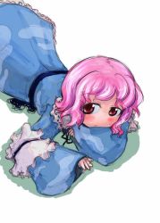 Rule 34 | 1girl, :/, female focus, lying, no headwear, on stomach, pink hair, red eyes, saigyouji yuyuko, short hair, simple background, solo, tao, tao (kadoya), touhou