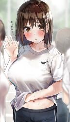 Rule 34 | 1girl, black shorts, blush, breasts, brown eyes, brown hair, commentary request, gym uniform, hair ornament, hairclip, hand up, highres, jpeg artifacts, large breasts, looking at viewer, md5 mismatch, mole, mole on collarbone, navel, nike (company), original, rouka (akatyann), short sleeves, shorts, solo focus, sweat, translated