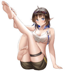 Rule 34 | 1girl, arknights, bandeau, bare arms, bare legs, barefoot, black hair, black shorts, blue eyes, eunectes (arknights), eunectes (forgemaster) (arknights), feet, feet up, foot focus, foreshortening, highres, legs, legs up, no shoes, official alternate costume, pointy ears, short hair, shorts, simple background, soles, tank top, toes, white background