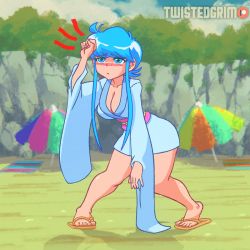 Rule 34 | 1girl, animated, animated gif, beach, blue eyes, blue hair, breasts, cleavage, full body, japanese clothes, jigoku sensei nube, kimono, large breasts, long hair, long sleeves, open clothes, open kimono, open mouth, sandals, short kimono, sidelocks, smile, snow, solo, standing, thighs, twistedgrim, white kimono, wide sleeves, yuki onna, yukime (jigoku sensei nube)