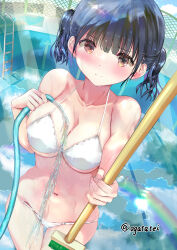 Rule 34 | 1girl, absurdres, bikini, black hair, blunt bangs, blush, breasts, broom, brown eyes, closed mouth, commentary request, highres, holding, holding broom, holding hose, hose, large breasts, looking at viewer, multicolored hair, ogata tei, original, purple hair, short hair, solo, swimsuit, twitter username, water, wet, white bikini
