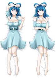 Rule 34 | 1girl, adapted costume, arm up, armpits, bare shoulders, barefoot, blue dress, blue eyes, blue hair, blush, breasts, cleavage, collarbone, commentary request, dakimakura (medium), detached sleeves, dress, full body, hair ornament, hair rings, hair stick, hand on own chest, hand up, highres, hisin, kaku seiga, large breasts, looking at viewer, lying, multiple views, off-shoulder dress, off shoulder, on back, parted lips, puffy short sleeves, puffy sleeves, shiny skin, short hair, short sleeves, smile, touhou, vest, white background, white vest