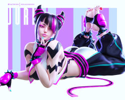 Rule 34 | 1girl, areola slip, artist name, ass, ass cutout, baggy pants, black hair, blue eyes, bracelet, breasts, candy, capcom, character name, clothing cutout, feet up, food, gloves, han juri, heterochromia, jewelry, lollipop, lying, mikadawn3d, multicolored hair, on stomach, pants, patreon username, pink eyes, pink hair, pink lips, puckered lips, solo, spiked bracelet, spikes, street fighter, street fighter 6, tagme