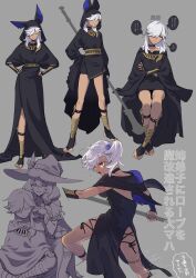 Rule 34 | 1boy, 1girl, absurdres, animal ears, animal hood, black robe, choker, closed eyes, closed mouth, commentary request, crossed arms, cyno (genshin impact), dark-skinned male, dark skin, fake animal ears, full body, genshin impact, grey background, hair between eyes, hair over one eye, hands on own hips, hat, highres, holding, holding polearm, holding weapon, hood, jackal ears, lisa (genshin impact), long hair, long sleeves, male focus, orange eyes, pelvic curtain, polearm, robe, side ponytail, simple background, sitting, sweat, tan, thinking, thought bubble, translation request, vin rice, weapon, white hair, witch hat