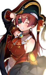 Rule 34 | 1girl, absurdres, ascot, bare shoulders, bicorne, black coat, blush, breasts, cleavage, coat, cropped shirt, epaulettes, eyepatch, grin, hair between eyes, hair ribbon, hat, highres, hololive, houshou marine, jacket, large breasts, long hair, miniskirt, off shoulder, plain 222, pleated skirt, red ascot, red hair, red jacket, red ribbon, red shirt, red skirt, ribbon, see-through, see-through cleavage, shirt, simple background, skirt, sleeveless, sleeveless shirt, smile, solo, twintails, virtual youtuber, white background