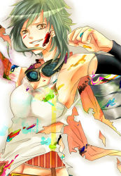 Rule 34 | 1girl, belt, female focus, gradient background, green hair, grin, gumi, highres, midriff, navel, open mouth, paint, paint can, paintbrush, short hair, smile, solo, tank top, togashi (choco-bakama kitchen), torn clothes, vocaloid, white background, yellow eyes