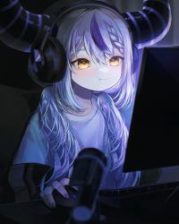 Rule 34 | at computer, blush, closed mouth, commentary request, demon horns, hair between eyes, headphones, highres, hololive, holox, horns, keyboard (computer), la+ darknesss, long hair, mercure 1104, monitor, mouse (computer), multicolored hair, nail polish, purple hair, purple nails, shirt, short sleeves, silver hair, smile, solo, streaked hair, virtual youtuber, white shirt, yellow eyes