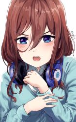 Rule 34 | 1girl, absurdres, aviary, blue cardigan, blue eyes, brown hair, cardigan, collared shirt, commentary, go-toubun no hanayome, hair between eyes, hands up, headphones, headphones around neck, highres, long hair, long sleeves, looking at viewer, nakano miku, open mouth, shirt, signature, solo, teeth, upper body, upper teeth only, white background, white shirt