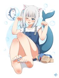 Rule 34 | 1girl, animal ears, bloop (gawr gura), blue eyes, blue hair, cat ears, fins, fish tail, gawr gura, gawr gura (casual), highres, hololive, hololive english, looking at viewer, lululewd, multicolored hair, nail polish, official alternate costume, one eye closed, shark tail, sharp teeth, silver hair, smile, solo, streaked hair, tail, teeth, toes, upper teeth only, virtual youtuber
