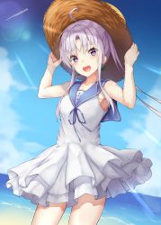 Rule 34 | 1girl, :d, ahoge, aircraft, airplane, akitsushima (kancolle), alternate costume, armpits, bad id, bad pixiv id, bare shoulders, beach, blue sky, blush, breasts, cloud, collarbone, cowboy shot, day, dress, earrings, floating hair, hands on headwear, hat, hcci pcci, highres, jewelry, kantai collection, light purple hair, long hair, looking at viewer, medium breasts, ocean, open mouth, outdoors, purple eyes, sand, side ponytail, sidelocks, sky, sleeveless, sleeveless dress, smile, solo, standing, straw hat, sunlight, thighs, wind, wind lift