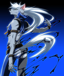 Rule 34 | 10s, 1boy, ass, bad id, bad pixiv id, blue background, blue eyes, fang, from behind, furry, furry male, highres, ink, long hair, looking at viewer, looking back, male focus, precure, smile precure!, solo, tail, torn clothes, wauwa, werewolf, white hair, wolf tail, wolfrun