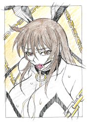 Rule 34 | 1girl, artist request, ball gag, bare shoulders, bdsm, blush, bondage, bound, breasts, chain, cleavage, female focus, gag, hair ribbon, highres, huge breasts, lips, looking at viewer, mizuki shiranui, moaning, official art, red eyes, ribbon, saliva, saliva trail, shiny skin, simple background, sketch, solo, taimanin (series), taimanin yukikaze, upper body
