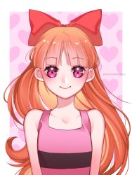 Rule 34 | 1girl, blossom (ppg), blunt bangs, border, bow, brown hair, closed mouth, collarbone, floating hair, hair bow, heart, heart background, long hair, pink background, pink shirt, powerpuff girls, red bow, red eyes, shirt, sleeveless, sleeveless shirt, smile, solo, tabby chan, upper body, very long hair, white border