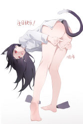 Rule 34 | 1girl, absurdres, animal ear fluff, animal ears, ass, bare legs, barefoot, bent over, black hair, cat ears, cat girl, cat tail, female focus, full body, highres, indie virtual youtuber, leaning forward, long hair, long sleeves, looking at viewer, naked shirt, red eyes, shirt, shouwang, sketch, solo, tail, virtual youtuber, white shirt, xingye (xing)