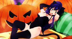 Rule 34 | 1girl, absurdres, animal ears, artist request, blue hair, blush, breasts, cat ears, cat girl, cat tail, curvy, fairy tail, fake tail, female focus, gloves, halloween, highres, leotard, long hair, nipples, shiny skin, sitting, tail, wendy marvell