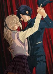Rule 34 | 1boy, 1girl, :d, ahoge, akamatsu kaede, black background, black hair, black headwear, blonde hair, buttons, cowboy shot, danganronpa (series), danganronpa v3: killing harmony, facing another, hat, highres, holding, holding clothes, holding hat, jacket, long sleeves, miniskirt, musical note, musical note print, open mouth, pants, pink sweater vest, red background, red skirt, rope, saihara shuichi, shirt, short hair, skirt, smile, striped clothes, striped jacket, striped pants, sweater vest, unworn hat, unworn headwear, white shirt, yochilyee