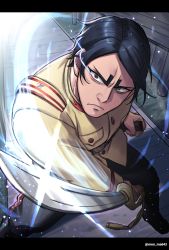 Rule 34 | 1boy, black eyes, black hair, fighting stance, frown, glowing, golden kamuy, highres, holding, holding sword, holding weapon, incoming attack, koito otonoshin, letterboxed, long sleeves, male focus, menma kozo, military, military uniform, motion blur, parted bangs, sheath, standing, sword, thick eyebrows, twitter username, uniform, weapon