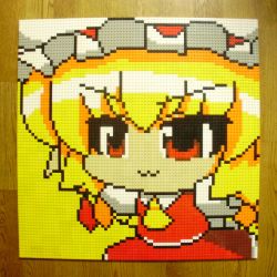 Rule 34 | &gt;:3, 1girl, :3, blonde hair, derivative work, female focus, flandre scarlet, hat, highres, lego, lego (medium), outstretched arms, parody, photo (medium), pixel art, red eyes, short hair, solo, spread arms, style parody, embodiment of scarlet devil, touhou, unconventional media, v-shaped eyebrows, wings, you rei (blowback)