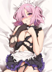 Rule 34 | 1girl, alternate costume, apron, bad id, bad pixiv id, bare shoulders, black dress, black gloves, blush, breasts, cleavage, commentary request, dress, elbow gloves, eyes visible through hair, fate/grand order, fate (series), gloves, hair between eyes, hair over one eye, highres, large breasts, light purple hair, looking at viewer, lying, maid headdress, mash kyrielight, on back, parted lips, purple eyes, purple hair, short hair, single glove, solo, torn apron, torn clothes, torn dress, torn gloves, white apron, yd (orange maru)