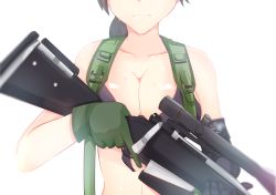 Rule 34 | 1girl, bad id, bad pixiv id, bikini, breasts, cleavage, crying, female focus, front-tie bikini top, front-tie top, gloves, gun, head out of frame, kowaremashita, large breasts, metal gear (series), metal gear solid v: the phantom pain, quiet (metal gear), rifle, sniper rifle, solo, swimsuit, weapon
