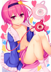 Rule 34 | 1girl, ass, blush, breasts, convenient censoring, eyeball, hairband, heart, komeiji satori, long sleeves, looking at viewer, mikan (bananoha), navel, open clothes, open mouth, open shirt, pink eyes, pink hair, shirt, short hair, sitting, skirt, small breasts, smile, socks, solo, string, third eye, touhou, wide sleeves, zoom layer