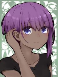 Rule 34 | 1girl, black shirt, blush, closed mouth, collarbone, commentary request, dark-skinned female, dark skin, fate/prototype, fate/prototype: fragments of blue and silver, fate (series), hair between eyes, tucking hair, hand up, hassan of serenity (fate), i.u.y, looking at viewer, purple eyes, purple hair, shirt, short hair, short sleeves, smile, solo