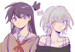Rule 34 | 2girls, bare shoulders, black hair, character request, copyright request, grey hair, heterochromia, highres, lingyi, long hair, multiple girls, off-shoulder sweater, off shoulder, purple eyes, school uniform, short hair, sketch, sweater, tagme, tank top, white background