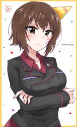Rule 34 | 1girl, black jacket, blush, breast hold, breasts, brown eyes, brown hair, closed mouth, commentary, confetti, crossed arms, dress shirt, frown, girls und panzer, hat, heart, highres, hinase (twoxout), jacket, kanji, kuromorimine military uniform, long sleeves, looking at viewer, military, military uniform, multicolored clothes, multicolored hat, nishizumi maho, orange background, party hat, pleated skirt, red shirt, red skirt, shirt, short hair, skirt, solo, standing, twitter username, uniform, upper body, wing collar