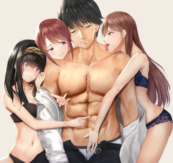 Rule 34 | 1boy, 3girls, abs, alternate costume, black hair, black panties, blouse, blue eyes, blue panties, blush, breasts, brown eyes, brown hair, commentary request, competition swimsuit, earrings, embarrassed, girl sandwich, hairband, idolmaster, irohakaede, jewelry, large breasts, licking another&#039;s neck, long braid, long hair, mifune miyu, multiple girls, navel, nipple stimulation, nipple tweak, nipples, nitta minami, one-piece swimsuit, open clothes, open shirt, panties, pectorals, producer (idolmaster), producer (idolmaster cinderella girls anime), sagisawa fumika, sandwiched, shirt, simple background, stud earrings, swimsuit, underwear, underwear only, white shirt