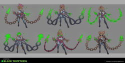 Rule 34 | 1girl, alternate costume, artist name, bare shoulders, black leotard, boots, border, breasts, character name, closed mouth, concept art, detached sleeves, evelynn (league of legends), full body, gauntlets, gem, glowing, glowing eyes, gradient background, green eyes, green hair, grey background, grey border, groin, helmet, highres, large breasts, league of legends, leotard, looking at viewer, pink leotard, short hair, spot color, tentacles, thigh boots, thighhighs, vladbacescu, watermark, weapon, web address